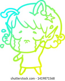 cold gradient line drawing of a cartoon crying alien girl