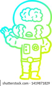 cold gradient line drawing of a cartoon big brain alien crying