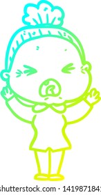 cold gradient line drawing of a cartoon angry old woman