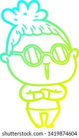 cold gradient line drawing of a cartoon woman wearing spectacles