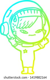 cold gradient line drawing of a cartoon astronaut woman