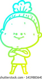 cold gradient line drawing of a cartoon happy old woman