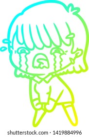 cold gradient line drawing of a cartoon girl crying