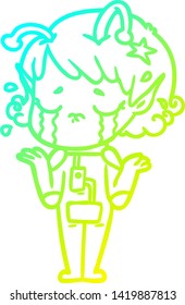 dibujo en línea de gradiente frío de una chica alienígena llorando