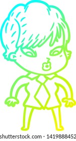cold gradient line drawing of a cartoon woman