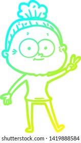 cold gradient line drawing of a cartoon happy old woman