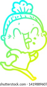 cold gradient line drawing of a cartoon happy old woman