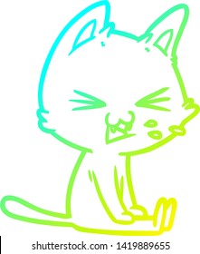 cold gradient line drawing of a cartoon sitting cat hissing