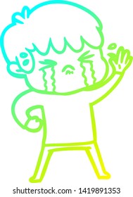 dibujo de una línea de gradiente frío de un niño de caricatura llorando