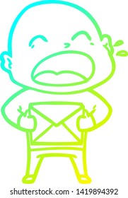 cold gradient line drawing of a cartoon shouting bald man