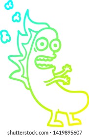 cold gradient line drawing of a cartoon flaming hotdog