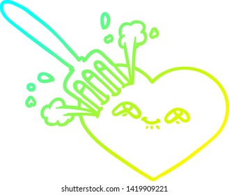 cold gradient line drawing of a cartoon love heart stuck with fork