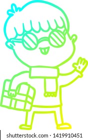 cold gradient line drawing of a cartoon boy wearing spectacles