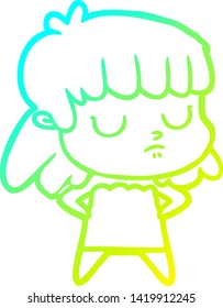 cold gradient line drawing of a cartoon indifferent woman