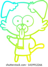dibujo en línea de gradiente frío de un perro de dibujos animados con ropa de invierno