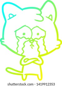 dibujo de una línea de gradiente frío de un gato llorando caricatura
