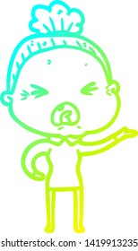 cold gradient line drawing of a cartoon angry old woman