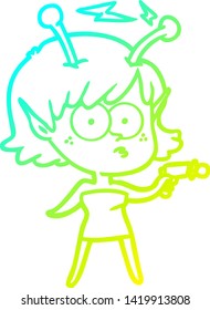 cold gradient line drawing of a cartoon alien girl