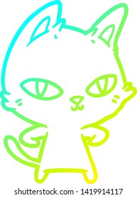 cold gradient line drawing of a cartoon cat staring