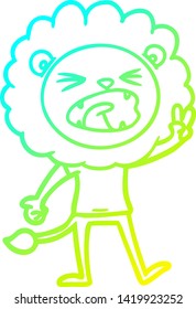 cold gradient line drawing of a cartoon lion giving peac sign