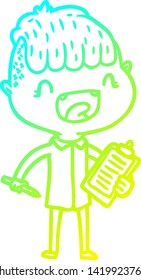 dibujo en línea de gradiente frío de un niño feliz con caricatura con cartón clip riendo