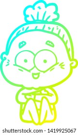 cold gradient line drawing of a cartoon happy old woman