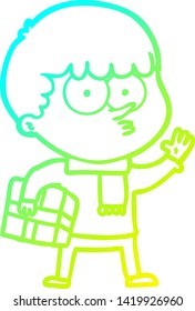 cold gradient line drawing of a cartoon curious boy carrying a gift
