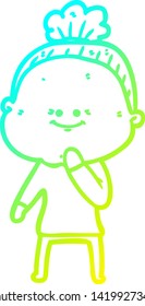 cold gradient line drawing of a cartoon happy old woman