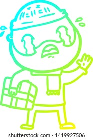 cold gradient line drawing of a cartoon bearded man crying with christmas present