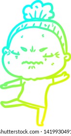 cold gradient line drawing of a cartoon annoyed old lady