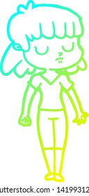 cold gradient line drawing of a cartoon indifferent woman