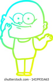cold gradient line drawing of a cartoon bald man staring