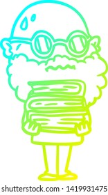 cold gradient line drawing of a cartoon worried man with beard and stack of books