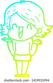 cold gradient line drawing of a cartoon happy woman