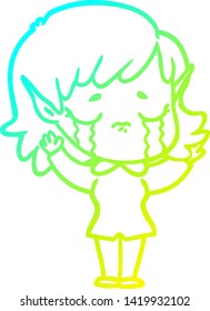 cold gradient line drawing of a cartoon crying elf girl