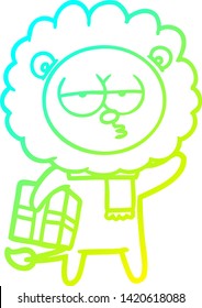 dibujo de una línea de gradiente frío de un león cansado con regalo