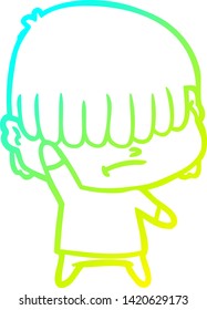 dibujo de una línea de gradiente frío de un niño de dibujos animados con el pelo desordenado