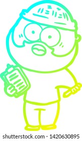 cold gradient line drawing of a cartoon bearded man with clipboard and pen