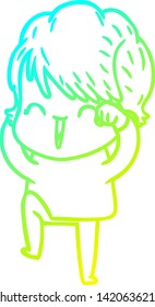 cold gradient line drawing of a cartoon laughing woman