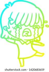 cold gradient line drawing of a cartoon girl crying