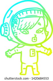 cold gradient line drawing of a cartoon astronaut woman