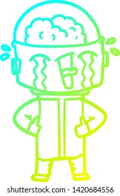 dibujo de línea de gradiente frío de un robot llorando de caricatura