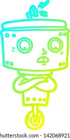 kalte Farbverlauf-Linienzeichnung eines Cartoon-Roboters mit gekreuzten Armen