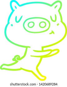 cold gradient line drawing of a cartoon content pig running