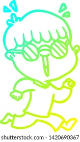 cold gradient line drawing of a cartoon running boy wearing spectacles