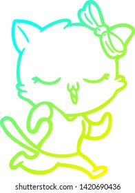 dibujo de línea de degradado frío de un gato de dibujos animados con arco sobre la cabeza