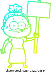 cold gradient line drawing of a cartoon happy old woman