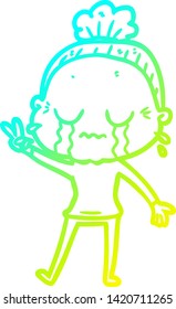 dibujo en línea de gradiente frío de una anciana llorando caricatura