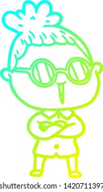 cold gradient line drawing of a cartoon woman wearing spectacles