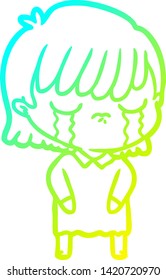 cold gradient line drawing of a cartoon woman crying